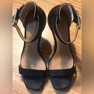 Calvin Klein Black & Tan Faux Leather Ankle Strap Heels Open Toe Size 7 Like New